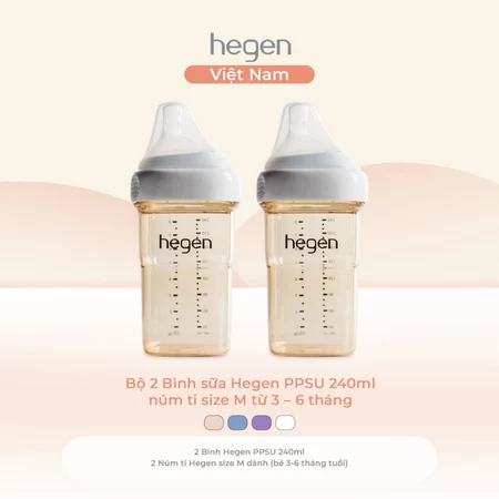 Bộ 2 bình sữa Hegen PPSU 240ml núm ti size M từ 3 - 6 tháng, White