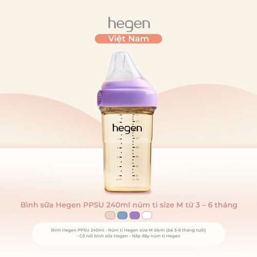 Bình sữa Hegen PPSU 240ml núm ti size M từ 3 - 6 tháng, Purple