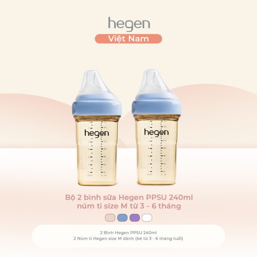 Bộ 2 bình sữa Hegen PPSU 240ml núm ti size M từ 3 - 6 tháng, Blue