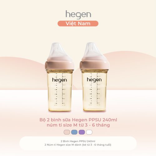 Bộ 2 bình sữa Hegen PPSU 240ml núm ti size M từ 3 - 6 tháng, Pink