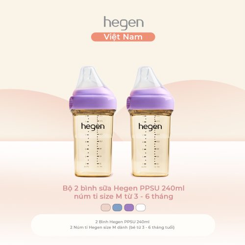 Bộ 2 bình sữa Hegen PPSU 240ml núm ti size M từ 3 - 6 tháng, Purple