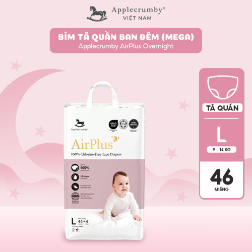 Bỉm tã quần đêm Applecrumby Airplus Overnight Mega Pull Ups size L - 46 miếng (9 - 14kg)