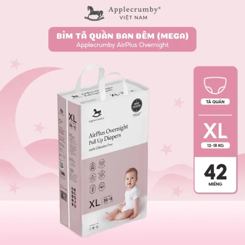 Bỉm tã quần đêm Applecrumby Airplus Overnight Mega Pull Ups size XL - 42 miếng (12 - 18kg)