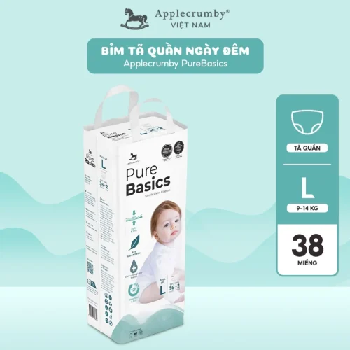 Bỉm tã quần ngày đêm Applecrumby Purebasics Diapers Pull Ups size L – 36+2 miếng (9-14kg)