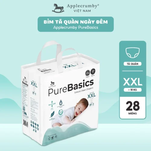 Bỉm tã quần ngày đêm Applecrumby Purebasics Diapers Pull Ups size XXL - 26+2 miếng (trên 18kg)