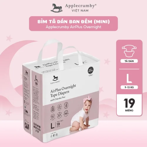 Bỉm tã dán đêm Applecrumby Airplus Overnight Mini Tape size L - 19 miếng (9 - 13kg)
