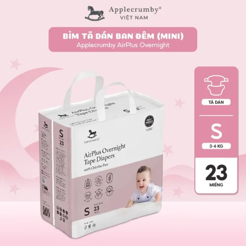 Bỉm tã dán đêm Applecrumby Airplus Overnight Mini Tape size S - 23 miếng (3 - 6kg)