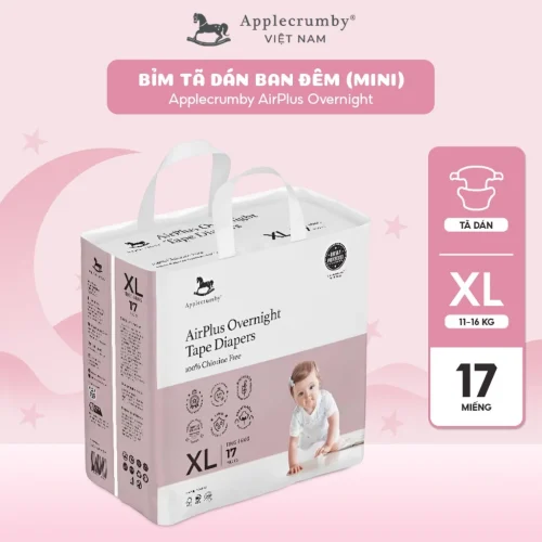 Bỉm tã dán đêm Applecrumby Airplus Overnight Mini Tape size XL - 17 miếng (11 - 16kg)