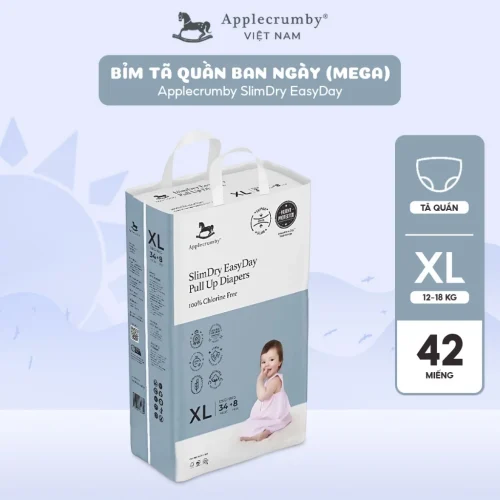 Bỉm tã quần ngày Applecrumby Slimdry Easyday Mega Pull Ups size XL – 34+8 miếng (12-18kg)