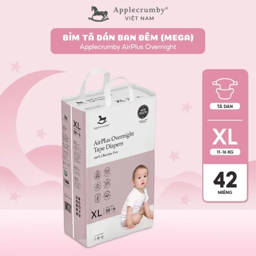 Bỉm tã dán đêm Applecrumby Airplus Overnight Mega Tape size XL - 42 miếng (11 - 16kg)