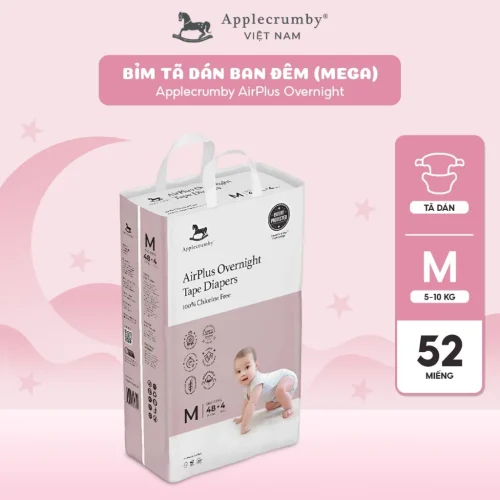 Bỉm tã dán đêm Applecrumby Airplus Overnight Mega Tape size M - 52 miếng (5 - 10kg)