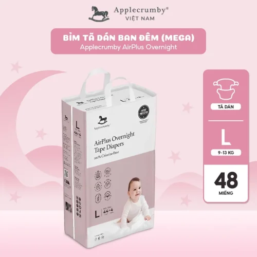 Bỉm tã dán đêm Applecrumby Airplus Overnight Mega Tape size L - 48 miếng (9 - 13kg)