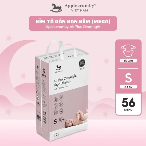 Bỉm tã dán đêm Applecrumby Airplus Overnight Mega Tape size S - 56 miếng (3 - 6kg)