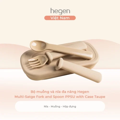 Bộ muỗng và nĩa đa năng Hegen Multi-Satge Fork and Spoon PPSU with Case Taupe