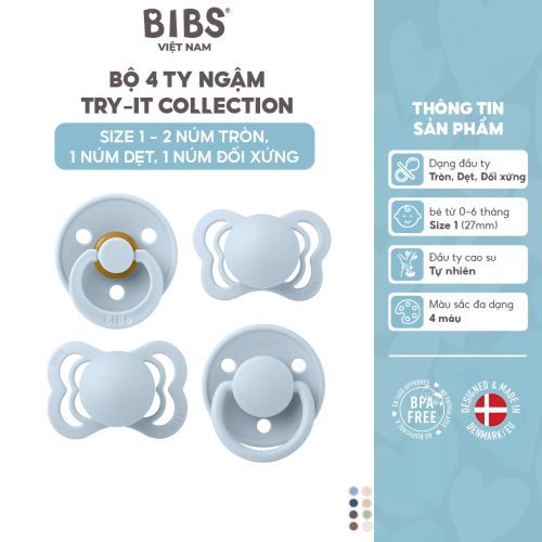 Bộ 4 ty ngậm 2 cao su, 2 silicone (2 tròn, 1 dẹt, 1 đối xứng) BIBS Try-it Collection Size 1 (0-6 tháng), Baby Blue.