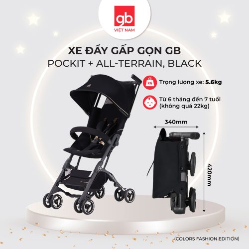Xe đẩy gấp gọn GB Pockit + All - Terrain, Black, Dây đai vàng đồng