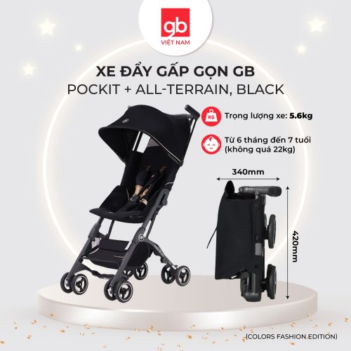 Xe đẩy gấp gọn GB Pockit + All - Terrain, Black, Dây đai vàng đồng