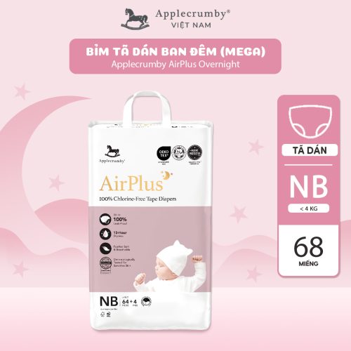 Bỉm tã dán đêm Applecrumby Airplus Overnight Mega Tape size NB - 64+4 miếng (dưới 4kg)