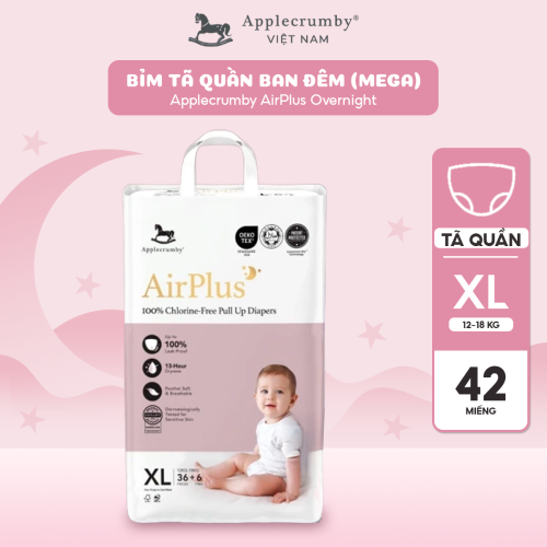 Bỉm tã quần đêm Applecrumby Airplus Overnight Mega Pull Ups size XL - 42 miếng (12 - 18kg)
