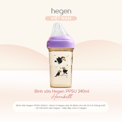 Bình sữa Hegen PPSU 240ml núm ti size M từ 3 - 6 tháng, Purple - Hornbill