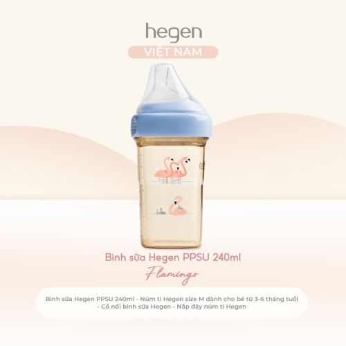 Bình sữa Hegen PPSU 240ml núm ti size M từ 3 - 6 tháng, Blue - Flamingo