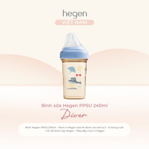 Bình sữa Hegen PPSU 240ml núm ti size M từ 3 - 6 tháng, Blue - Diver
