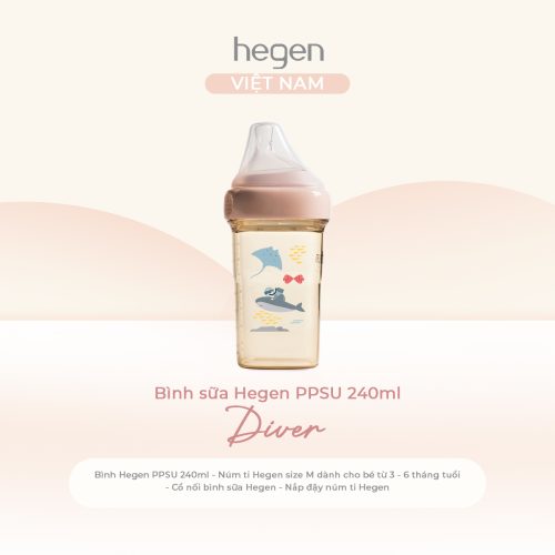 Bình sữa Hegen PPSU 240ml núm ti size M từ 3 - 6 tháng, Pink - Diver