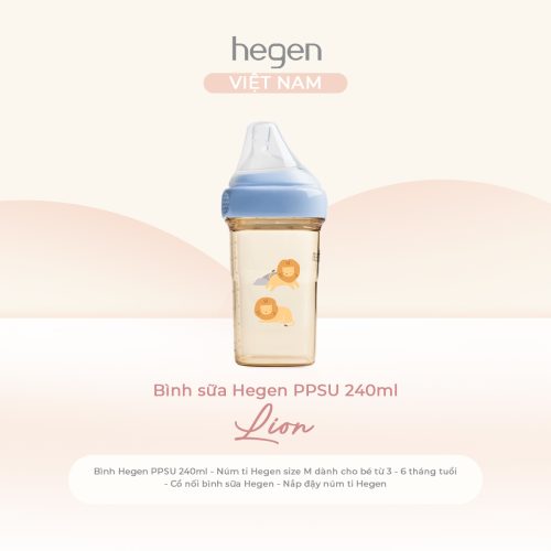 Bình sữa Hegen PPSU 240ml núm ti size M từ 3 - 6 tháng, Blue - Lion