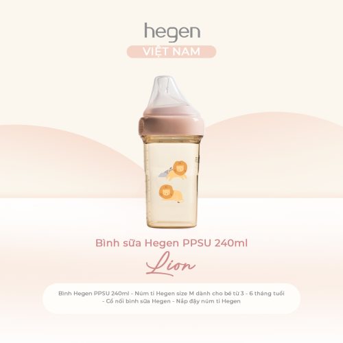 Bình sữa Hegen PPSU 240ml núm ti size M từ 3 - 6 tháng, Pink - Lion
