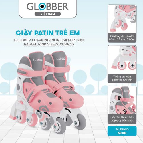 Giày patin trẻ em Globber Learning Inline Skates 2in1 Size S/M 30-33, Pastel Pink