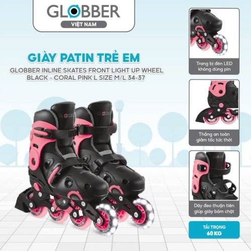 Giày patin trẻ em Globber Inline Skates Front Light Up Wheel Size M/L 34-37, Black - Coral Pink