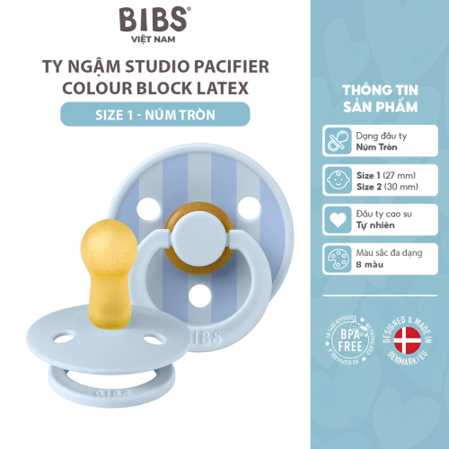 Ty ngậm Núm tròn cao su tự nhiên BIBS Studio Pacifier Colour Block Latex Size 1 (0-6 tháng), Baby Blue/Dusty Blue