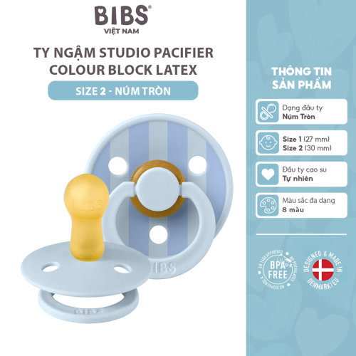 Ty ngậm Núm tròn cao su tự nhiên BIBS Studio Pacifier Colour Block Latex Size 2 (trên 6 tháng), Baby Blue/Dusty Blue
